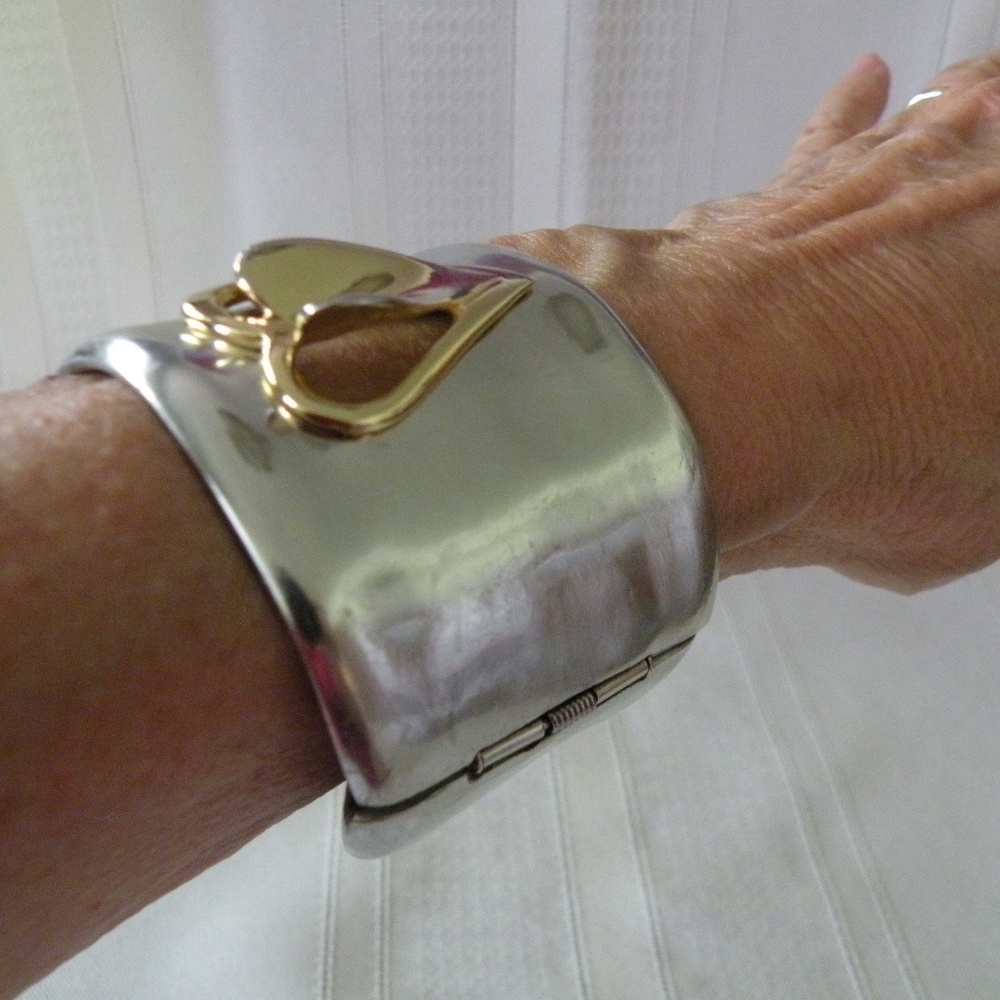 Diane von Furstenberg Silver & Gold Tone Heart 2" Wide Hinge Cuff Bracelet - Picture 4 of 12